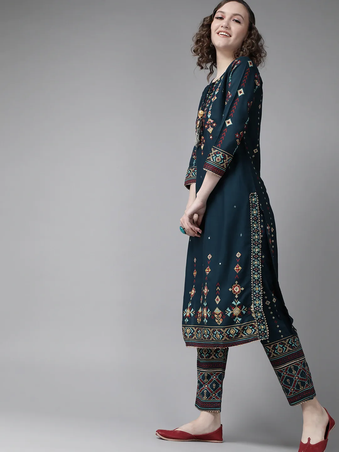 Stylish Teal Embroidered Kurta Set