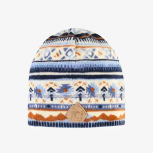 Tuque bleue et crème à motifs  en polar, enfant || Blue and cream patterned toque in fleece, child